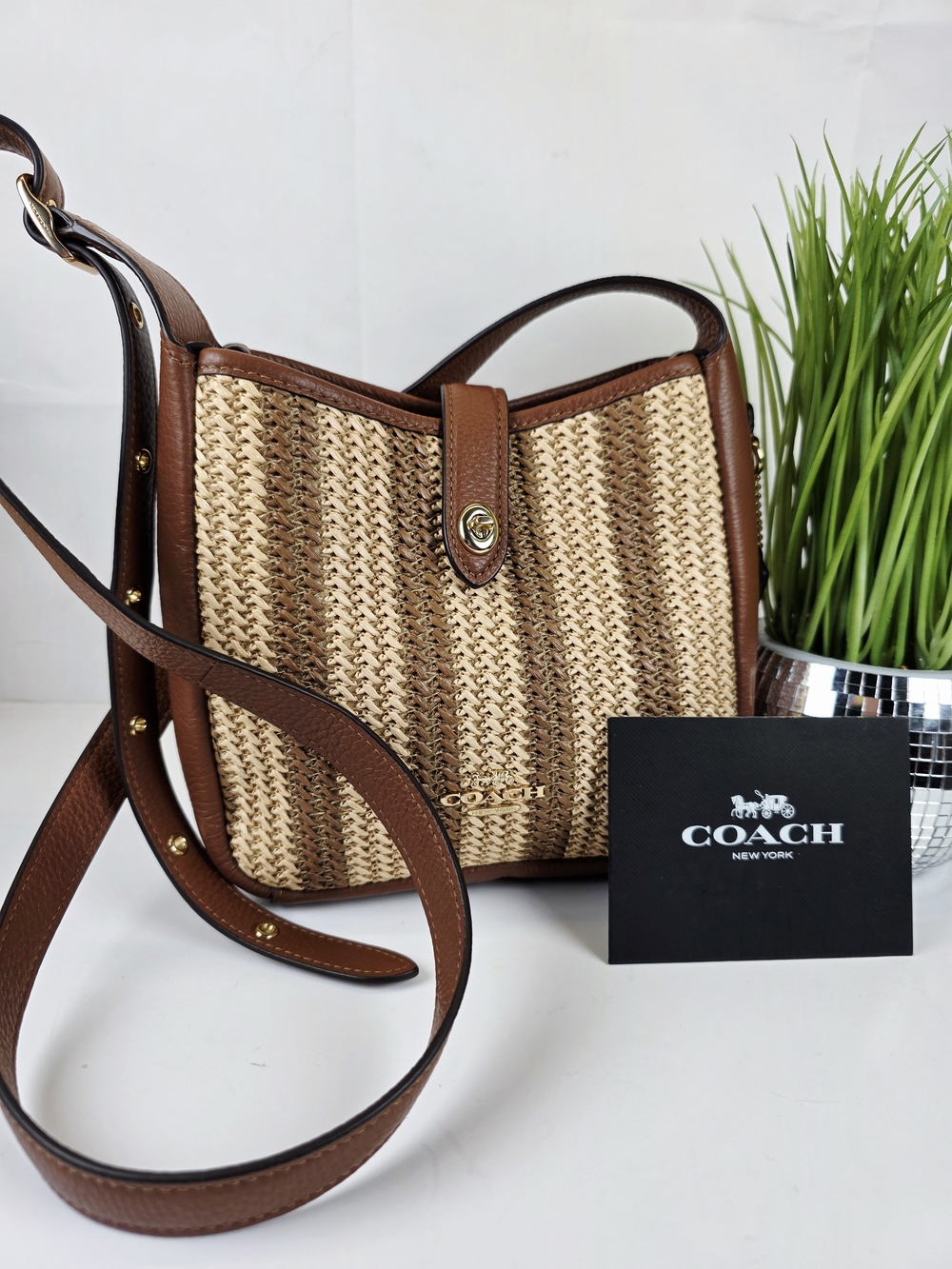 Coach Hadley Brown Mini Natural Woven Leather-Trim Crossbody Straw Bag - Picture 3 of 12